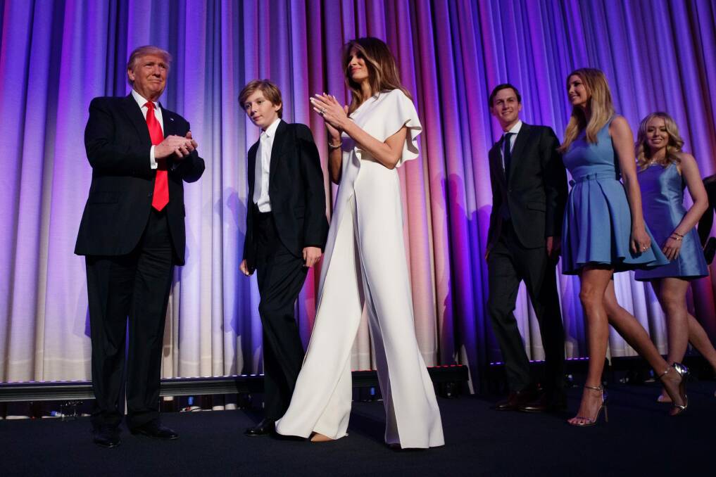 Donald Trump arrives to speak to an election night rally with his family and third wife, Melania. Kushner is third from right. Photo: AP