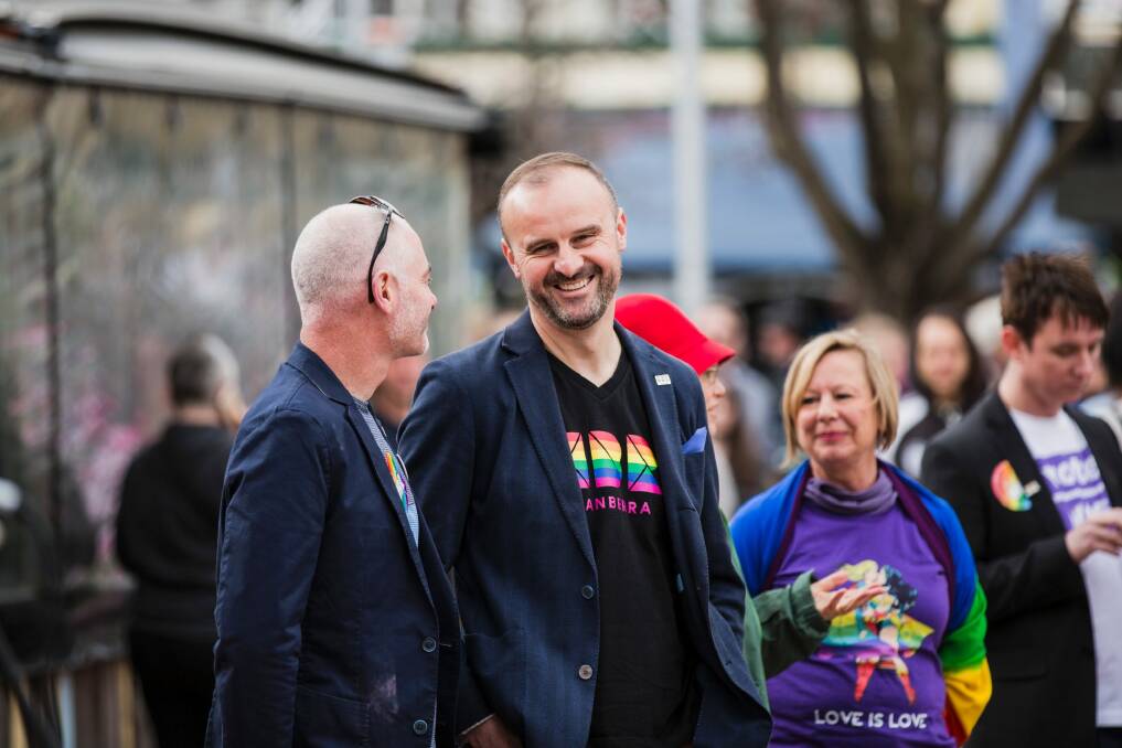 ACT Chief Minister Andrew Barr and his partner Anthony Toms. Photo: Jamila Toderas