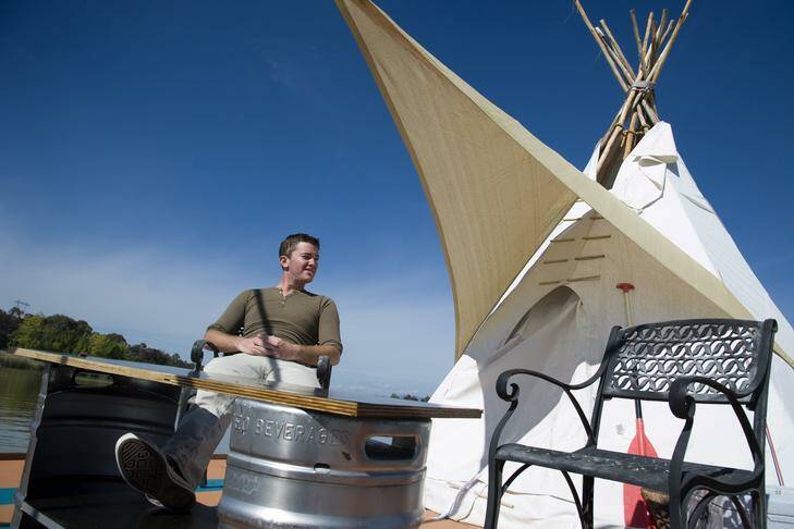 UC Student William Woodbridge has built a teepee and is living on Lake Ginninderra Photo: Elesa Lee