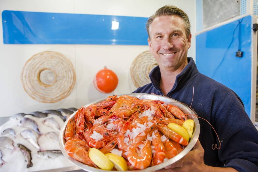 Ocean Fresh Seafoods owner Chris Russell, with some of his tiger prawns.

 Photo: Jamila Toderas