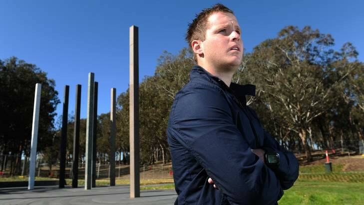 Jayson Bush, who was injured in a construction site accident earlier this year, at the soon to be opened, National Workers Memorial in Kings Park. Photo: Graham Tidy