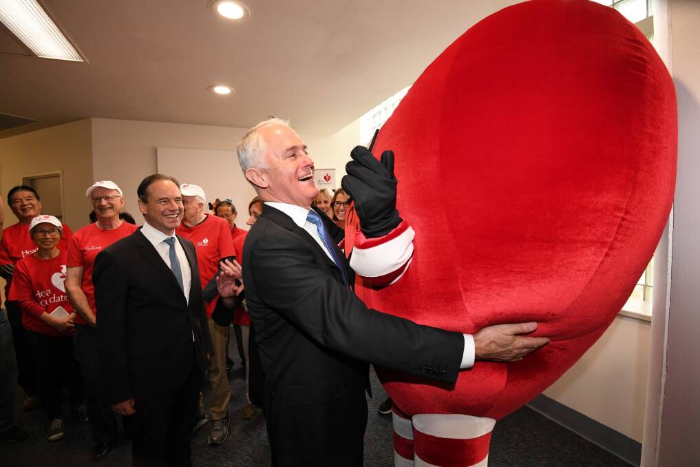 Malcolm Turnbull gets up close to National Heart Foundation mascot Have a Heart at Sydney's St Vincent's Hospital. Photo: Peter Rae