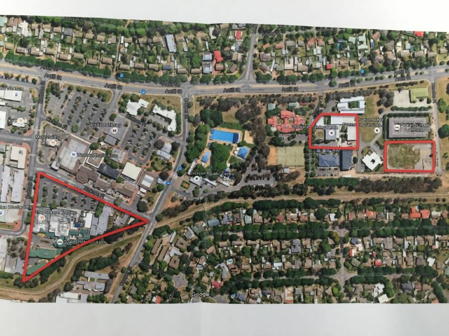 Land owned by Tradies in Dickson shops including the carpark the club bought from the government, at left, and the two blocks behind the pool which the government bought from the Tradies, including the CFMEU headquarters. 