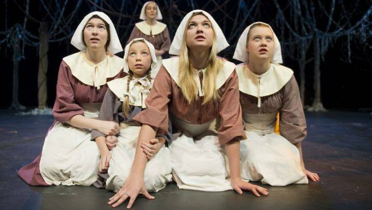 The hysterical girls from the Cast of the Crucible. From left, Yanina Clifton, Katy Larkin,  Zoe Priest, Alysandra Grant, (back) Saffron Dudgeon. Photo: Jay Cronan