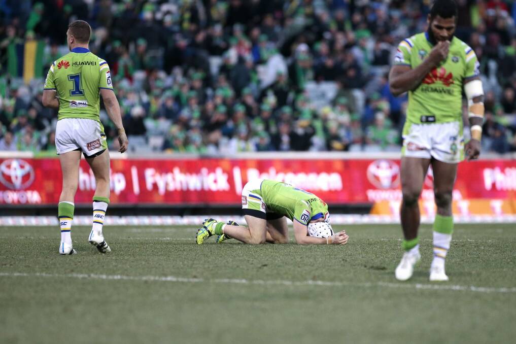 Canberra Raiders captain Jarrod Croker reacts after his side's tough 21-20 loss to the Cowboys at Canberra Stadium in round 15. Photo: Jeffrey Chan