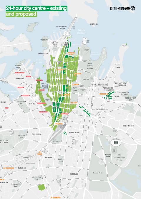 Existing and proposed 24-hour trading areas in Sydney's CBD. Photo: City of Sydney