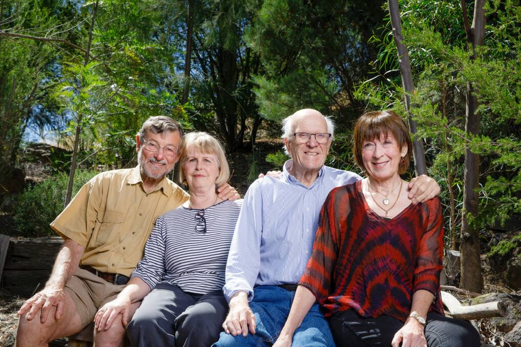 Lincoln Close neighbours David Mackenzie, Jenny Manning, and Joe and Janet Walker have maintained a close friendship through good times and bad, including when their Chapman street was hit by the 2003 Canberra fires. Photo: Sitthixay Ditthavong