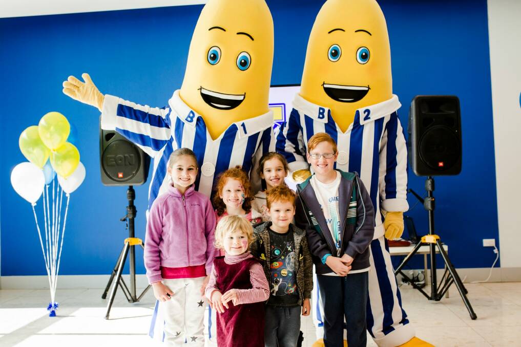 The Royal Australian Mint is celebrating 25 years of Bananas in Pyjamas. Back, B1 and B2. Middle, Chelsea McInerney 8, Elodie McInerne 6, Caitlyn Gray 8, and Calum Gray 10. Front, Rosalie McInerney 2, and Hunter Gray 4.  Photo: Jamila Toderas