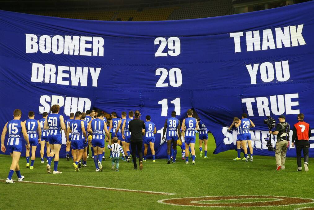 Farewell: The Kangaroos banner paid tribute to the four veterans who were moved on. Photo: Getty Images