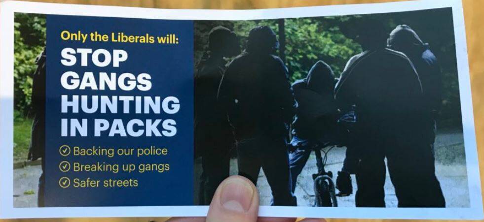 A Liberal flyer about gang violence has drawn controversy.  Photo: Twitter