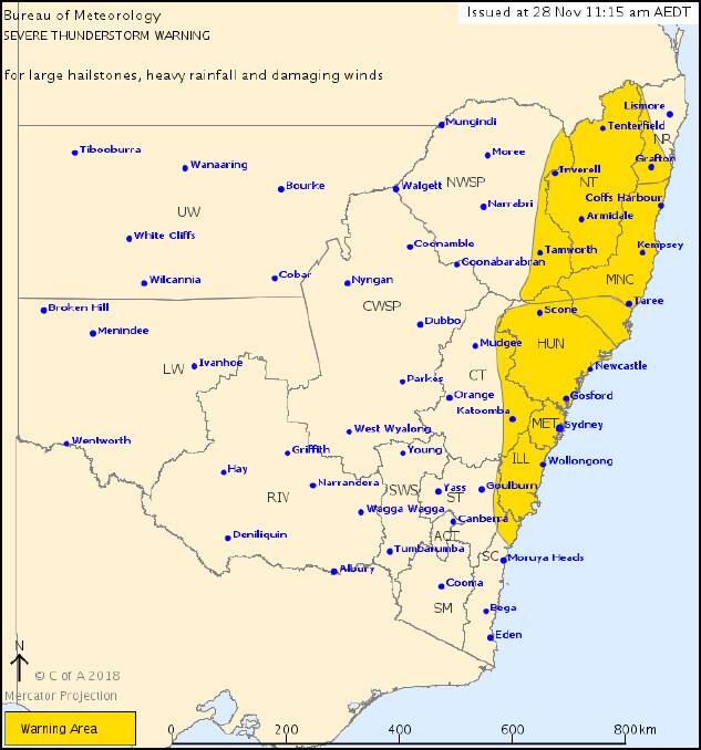 A severe thunderstorm warning is in place for large hailstones, heavy rainfall and damaging winds on Wednesday afternoon. Photo: Bureau of Meteorology