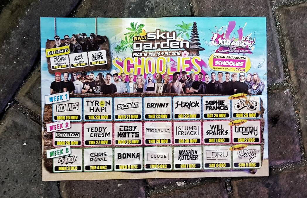 A Sky Garden flier advertises the acts for three schoolies weeks. Photo: Amilia Rosa