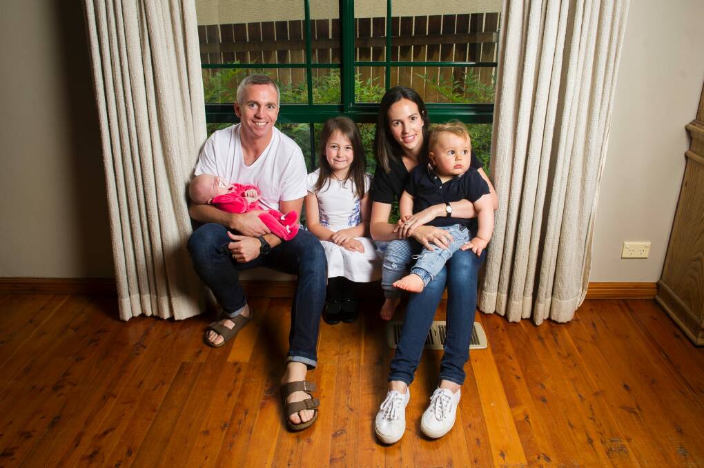 Richard and Lucinda Barry with their children Adalina, 8 weeks, Emiliana, 5, and Arthur, 1. Photo: Dion Georgopoulos