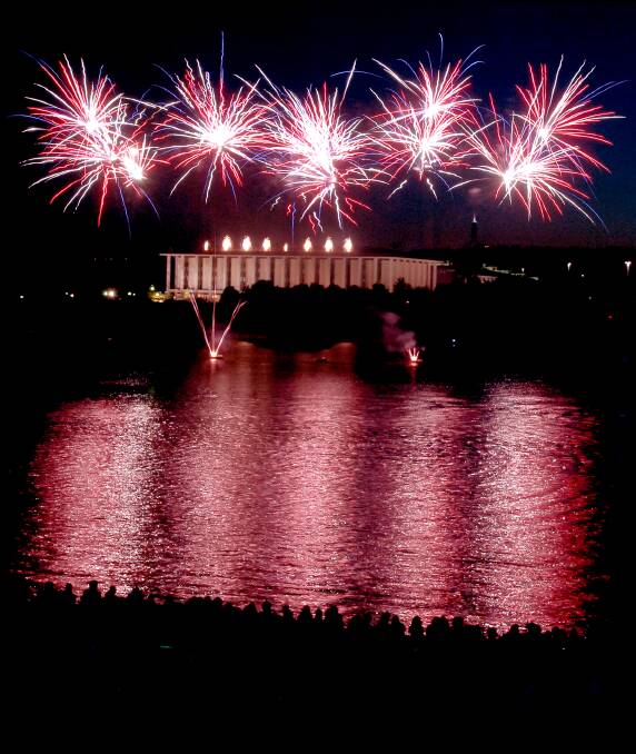 Australia Day fireworks over the National Library of Australia. Photo: Kate Callas