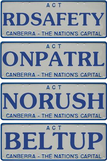 Some of the personalised number plates planned for ACT Policing's new police cars. 