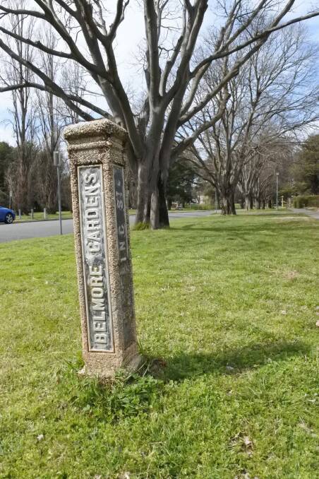 A concrete pillar signpost on the corner of Belmore Gardens and Darling Street in Barton. The pillars are to be restored. Photo: Megan Doherty