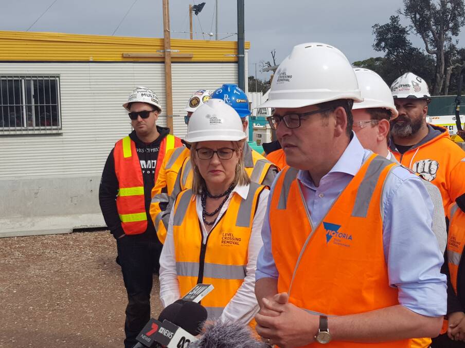 Transport Minister Jacinta Allan with Premier Daniel Andrews in Seaford on Sunday. Photo: Craig Butt