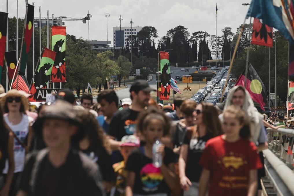 The protest marches through Canberra. Photo: Jamila Toderas