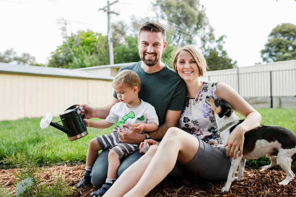 Adam Duffy and Rebecca Stones, their son Henry 22-months-old, and dog Mr Pickles. Adam and Rebecca vowed not to get married until same sex marriage in Australia became legalised.  Photo: Jamila Toderas
