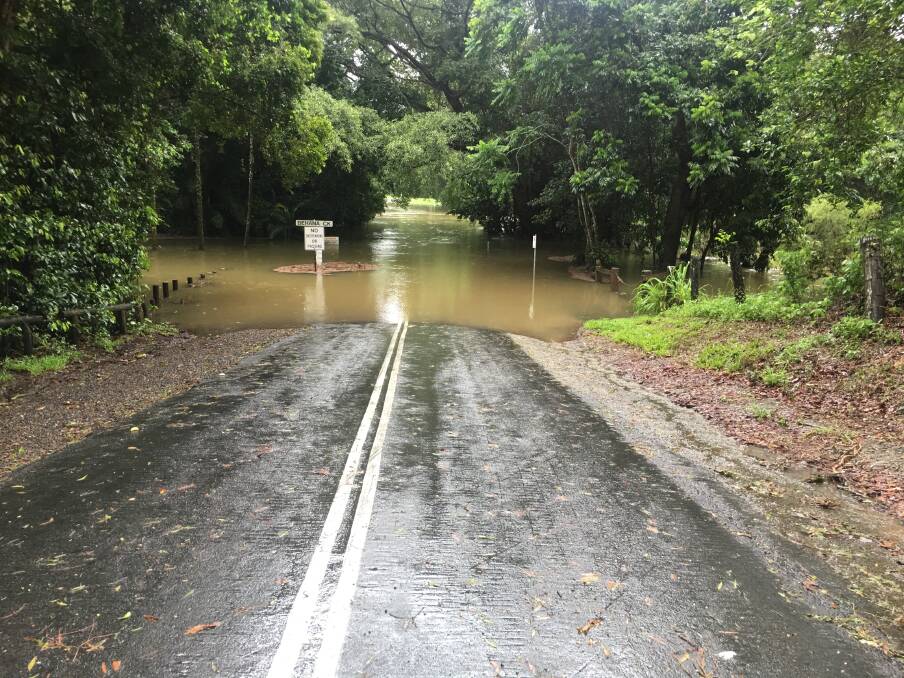 The Behana Creek causeway on Sunday morning, where councillor Brett Moller rescued a woman who drove into the flooded causeway. Photo: Brett Moller
