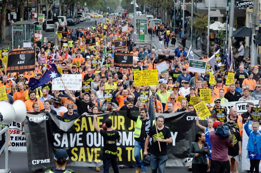 Protests at Victorian state Parliament this month calling for he Heyfield Timber Mill to be kept open.