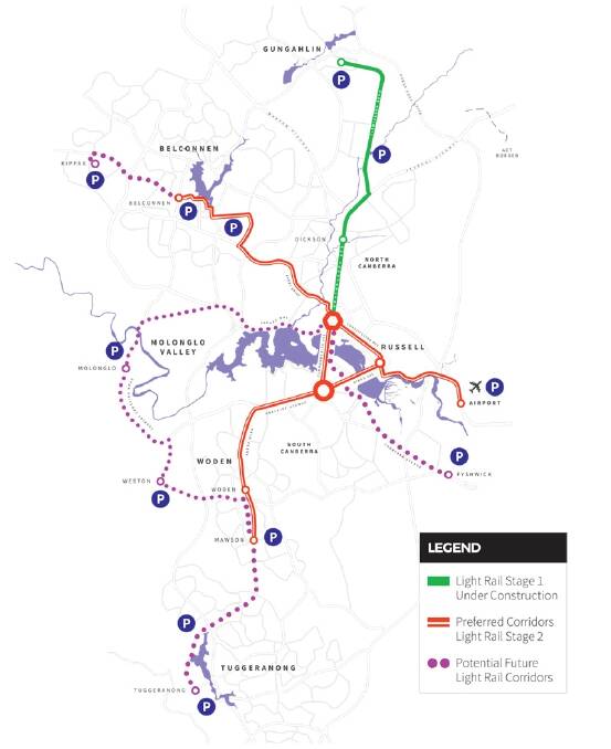 The four light rail options for stage two, which were released by the government in July. Photo: Supplied