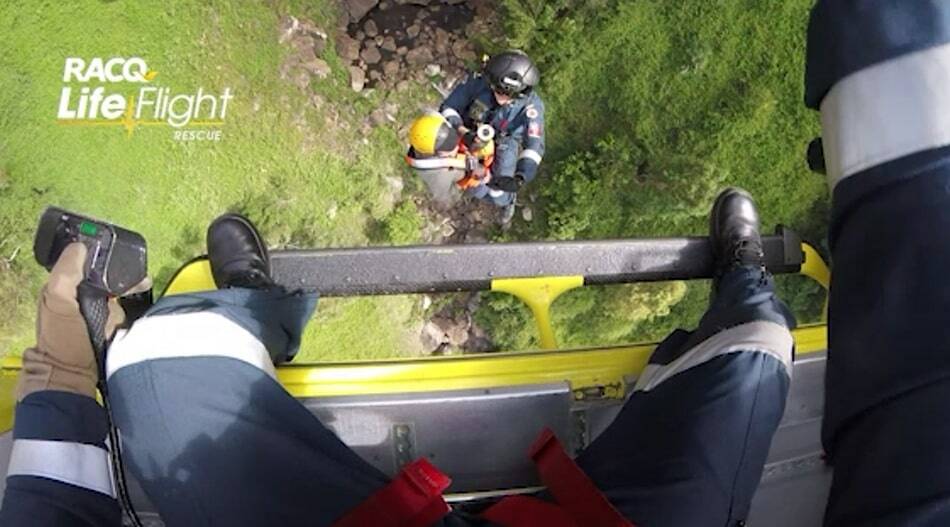 A woman was rescued after slipping and injuring her leg was hiking alone in the Gold Coast hinterland on Saturday. Photo: RACQ LifeFlight Rescue