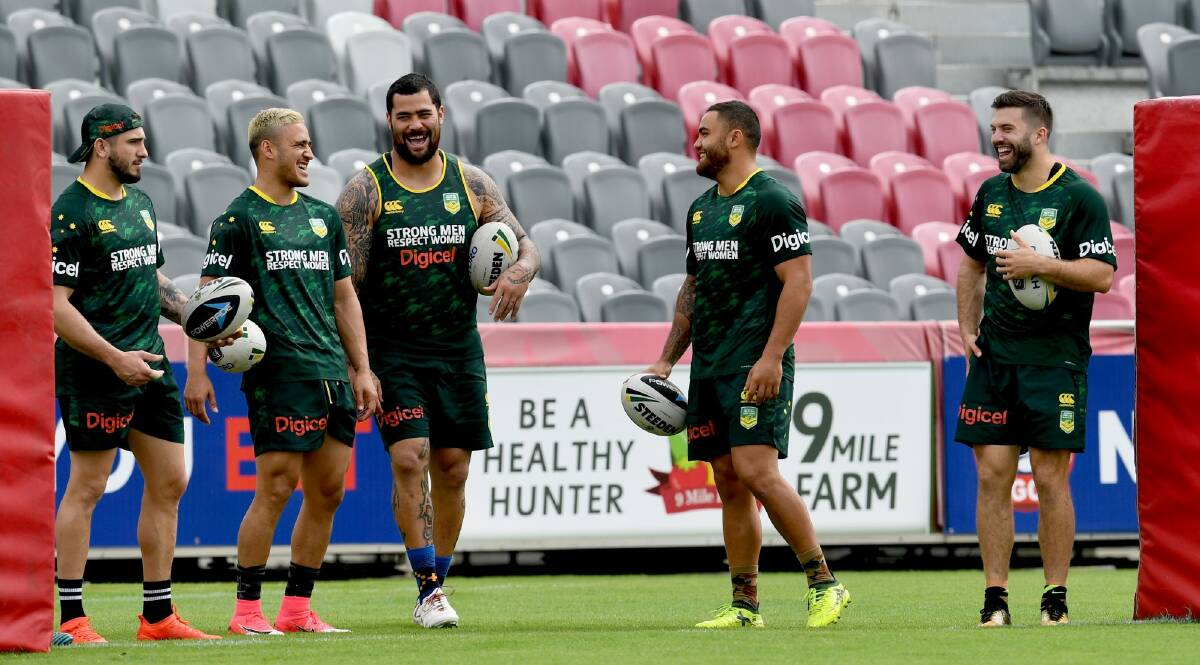 James Tedesco (far right), gets into the swing of things at training with the Prime Minister's XIII in Port Morseby. Photo: Brendan Esposito / NRL Photos