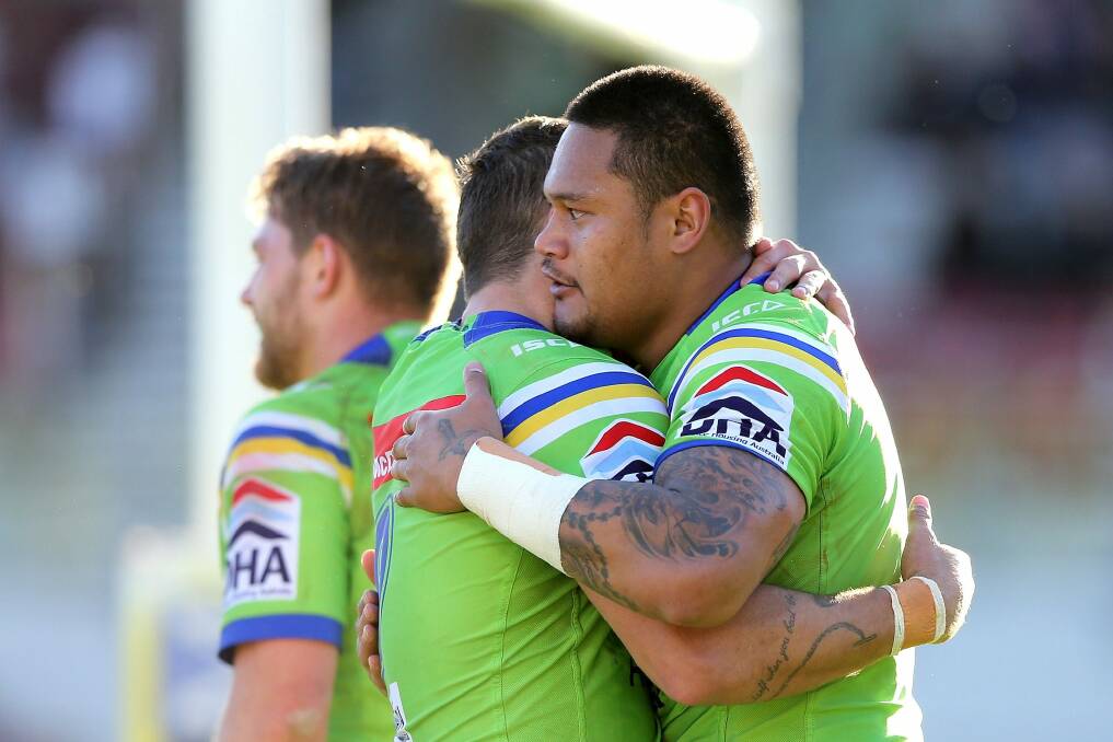 Joseph Leilua celebrates with his Raiders teammates in their win over Manly. Photo: Ashley Feder