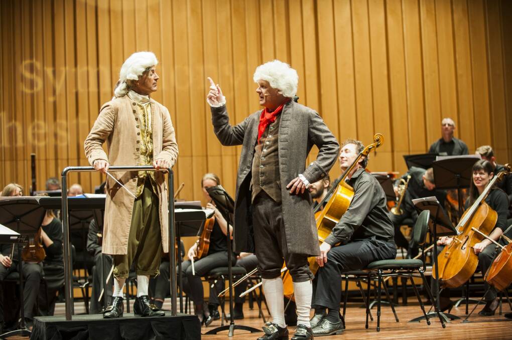 Canberra Symphony Orchestra perform with conductors George Ellis as Mozart and Guy Noble as Beethoven in a music education event for small schoolkids at Llewellyn Hall. Photo: Elesa Kurtz