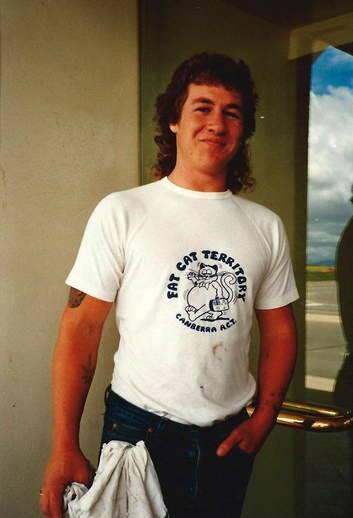 A Fat Cat T-shirt modelled in 1985, perhaps by a tradie. Photo: Supplied