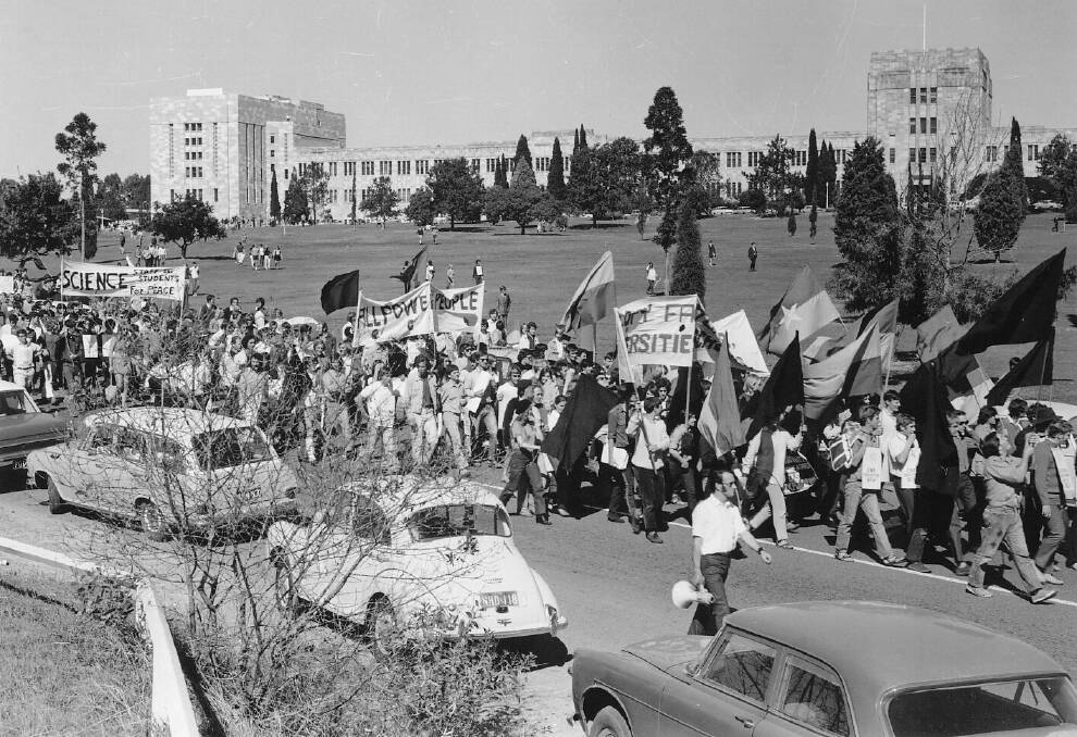 Students and staff marching off campus for the 1970 Moratorium. Censorship protest at the Union Building in 1969. Students, staff and the public unite to protest UQ awarding Bjelke Petersen an honourary doctorate in 1985. Photo: Supplied