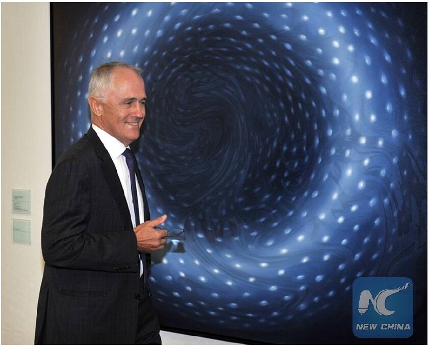 Malcolm Turnbull in front of Megan Walch's artwork, "Blue Donut", at Parliament House. Photo: Supplied