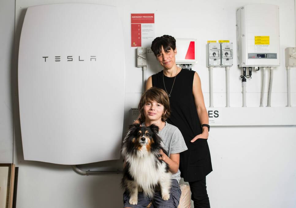 Sophie Jensen with her son Huxley 12, and dog Ghillie, in front of their Tesla battery. Photo: Jamila Toderas