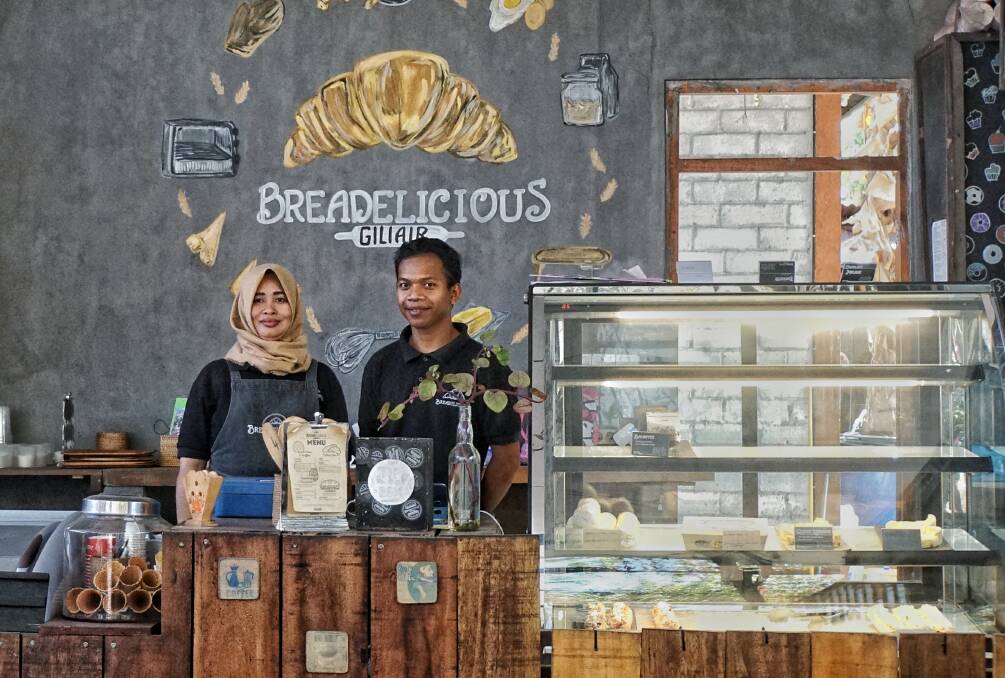 Staff at Breadelicious, a cafe on Gili Air, are back at work and waiting for tourists to return. Photo: Amilia Rosa