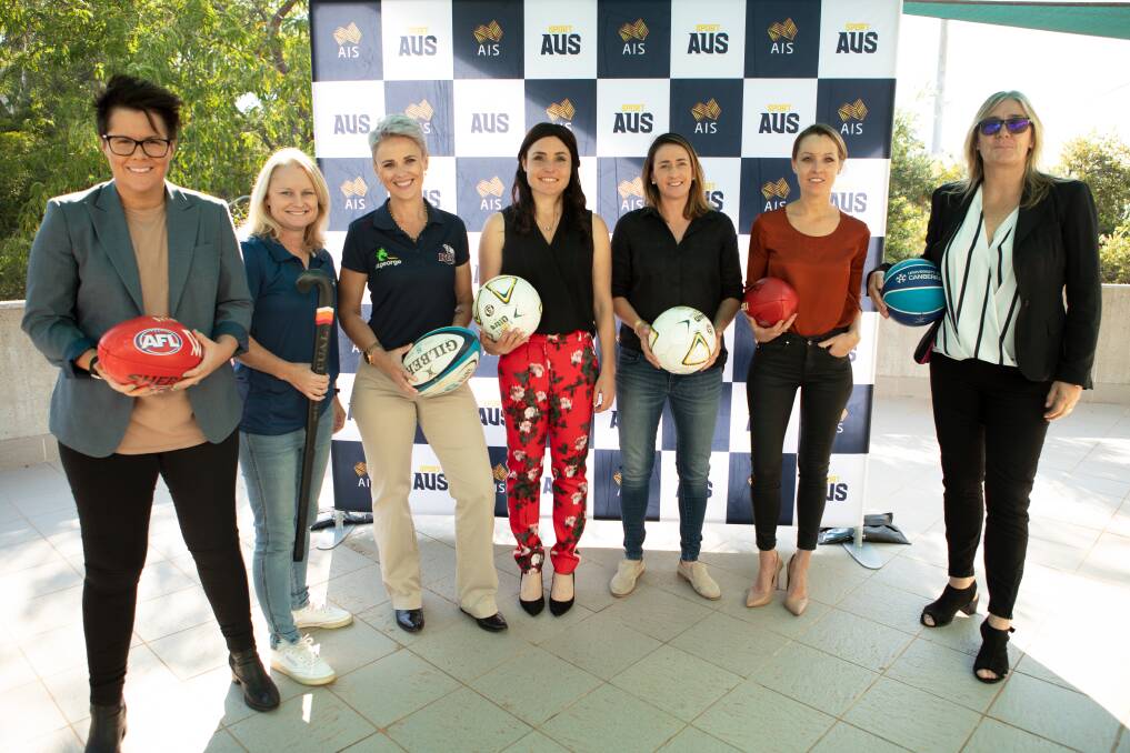 Rebecca Goddard, Katrina Powell, Beth Whaanga, Tal Karp, Heather Garriock, Sam Lane, and Carrie Graf at the AIS Talent Program launch in Canberra. Photo: Sport Australia