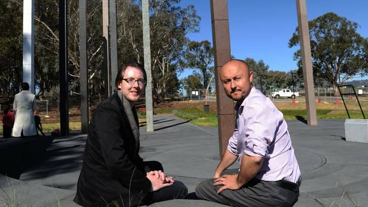 Design and Project architect of the National Workers Memorial in Kings Park, Brendan Murray, left, with NCA project manager, Peter Nelson, at the memorial site. Photo: Graham Tidy