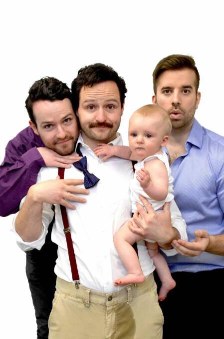 Andrew (left) and Danny Bensley (centre) will be joined onstage by fellow Canberra comedian Anthony Tomic for brand new show Three Men and a Baby as part of the Canberra Comedy Festival in March 2017. Photo: Chris Sutevski