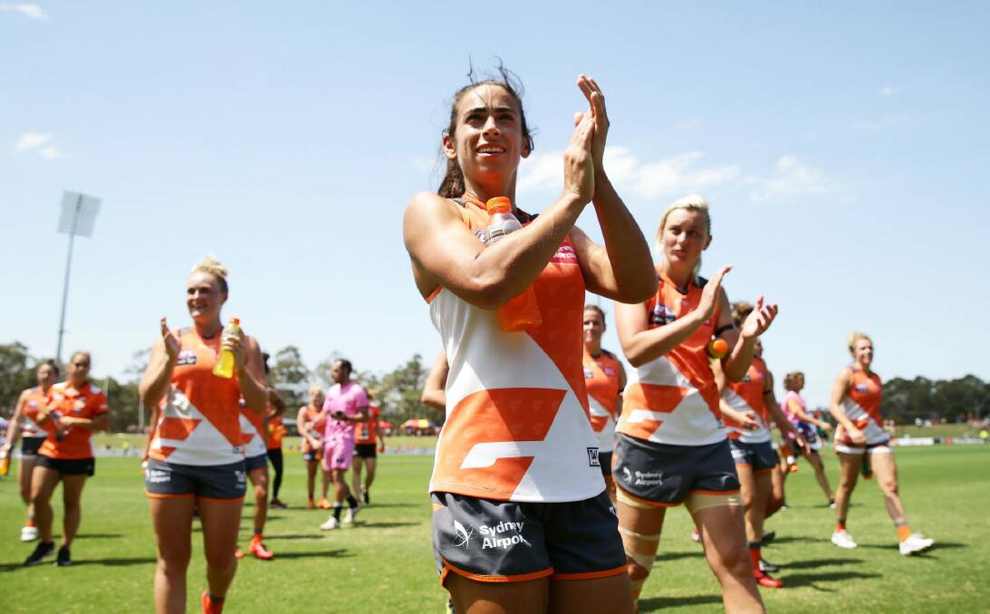 Tense finish: Amanda Farrugia and the rest of her Giants team had Aimee Schmidt to thank for helping them avoid defeat against Fremantle. Photo: Getty Images