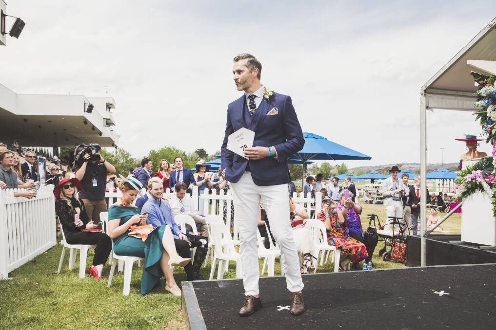 Race day regular Peter Spilker struts his stuff in front of the Fashions on the Field judges. Photo: Jamila Toderas