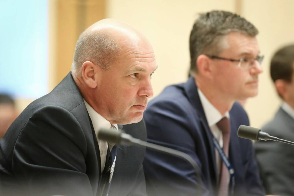 Then-president of the Senate Stephen Parry and Rob Stefanic, Secretary of the Department of Parliamentary Services, during a Senate estimates hearing in October 2017. Photo: Alex Ellinghausen