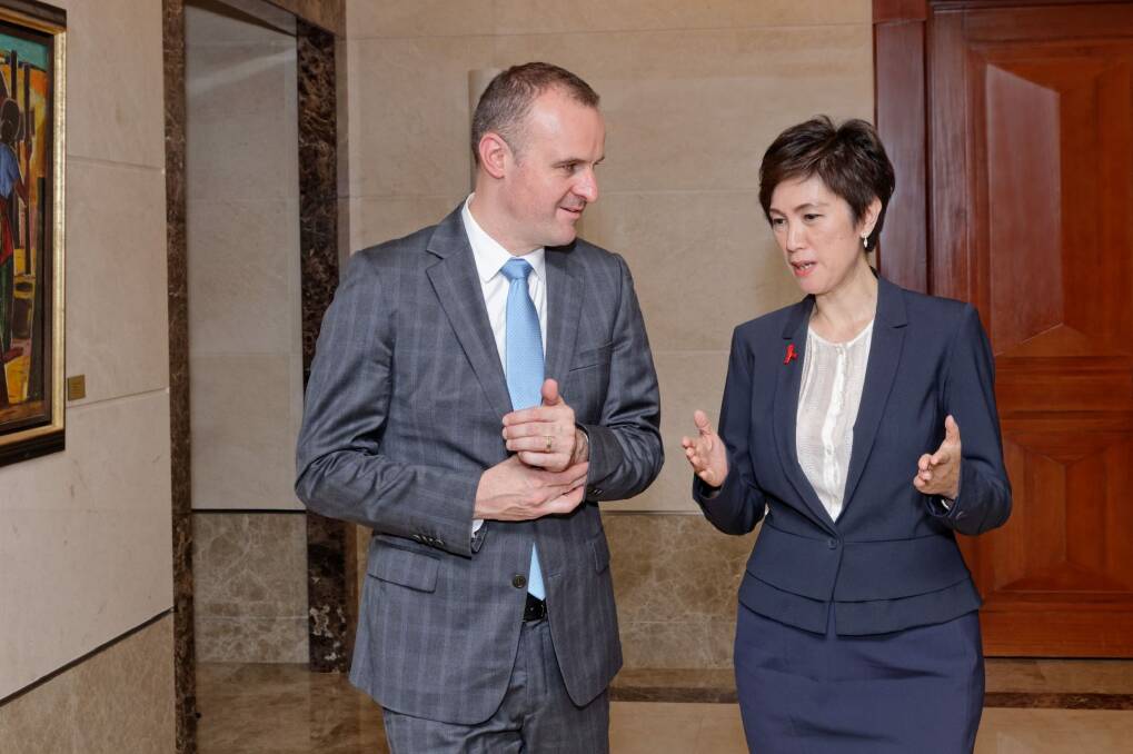 Chief Minister Andrew Barr with Singapore's Senior Minister of State, Josephine Teo. Photo: Tom McIlroy
