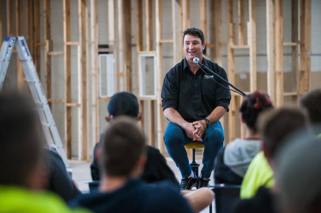 Former rugby league player Nathan Hindmarsh speaks to  Canberra apprentices about his gambling addiction last year. Photo: Elesa Kurtz