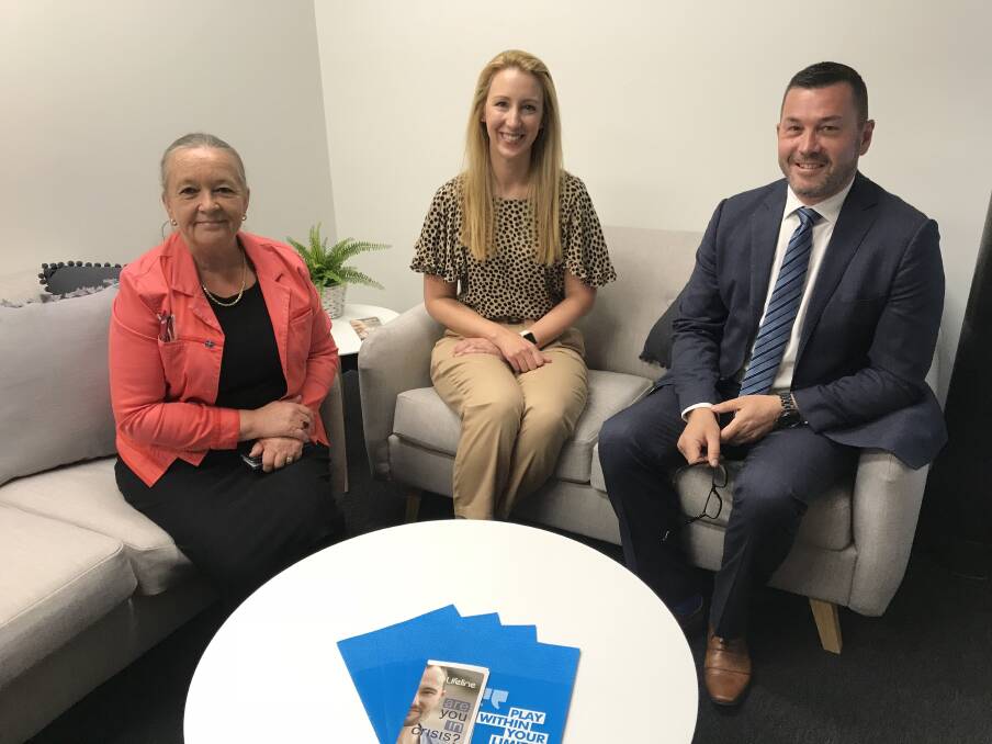 Brindabella Labor MLA Joy Burch, Lifeline Canberra CEO Carrie Leeson and Vikings Group CEO Anthony Hill in the support room at the Erindale Vikings. Photo: Supplied