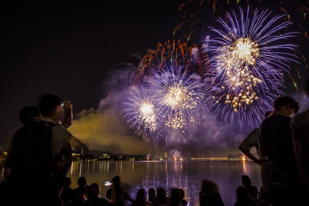 Large purple fireworks grace the Canberra sky at the 2018 Skyfire. Photo: Sitthixay Ditthavong