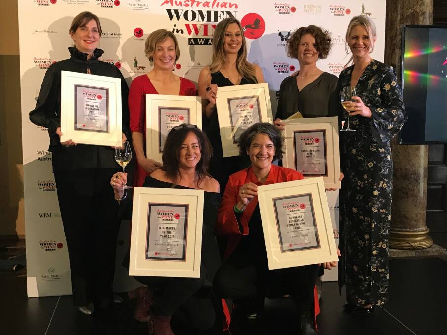 Owner of Four Winds Vineyard Sarah Collingwood (second from back right) with all the winners of the 2017 Australian Women in Wine Awards at the ceremony in London. Photo: Supplied