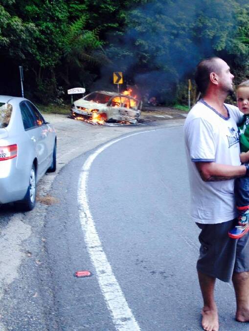 Fire engulfed Canberra mother Megan Brown's car on Pooh Bear corner. Photo: Megan Brown/Facebook
