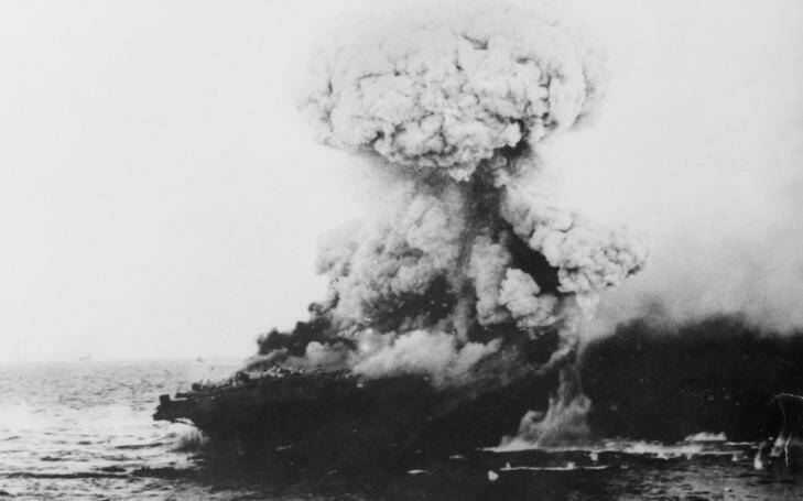 Lexington explodes on May 8. Battle of the Coral Sea. Photo: Supplied