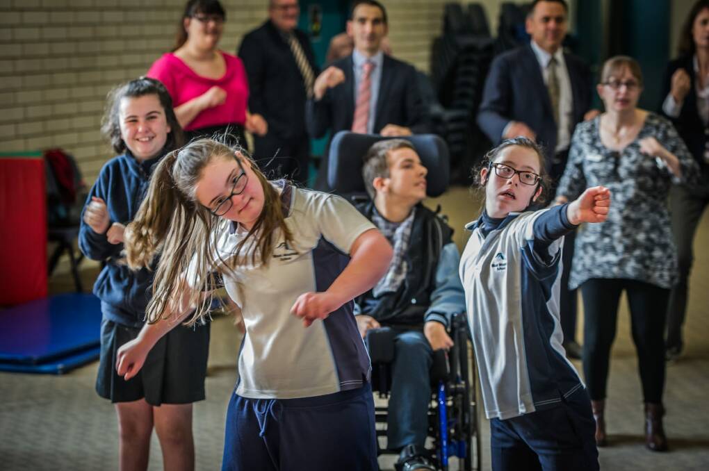 2016 Active Kids Challenge Wrap up event at the Black Mountain school. Students and teachers particpate in a ?Born To Move? class - a mix of tai chi, boxing movements and dance. Charloote Bailey (left) and?Anna Vogt enjoy the aerobics and dance elements. Photo: Karleen Minney