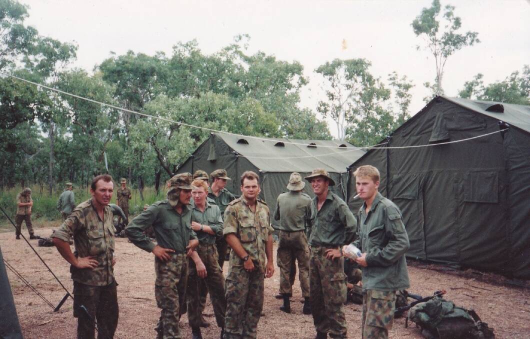 Todd Berry, centre, facing the camera, with fellow soldiers in the Northern Territory, 1992. Photo: Supplied
